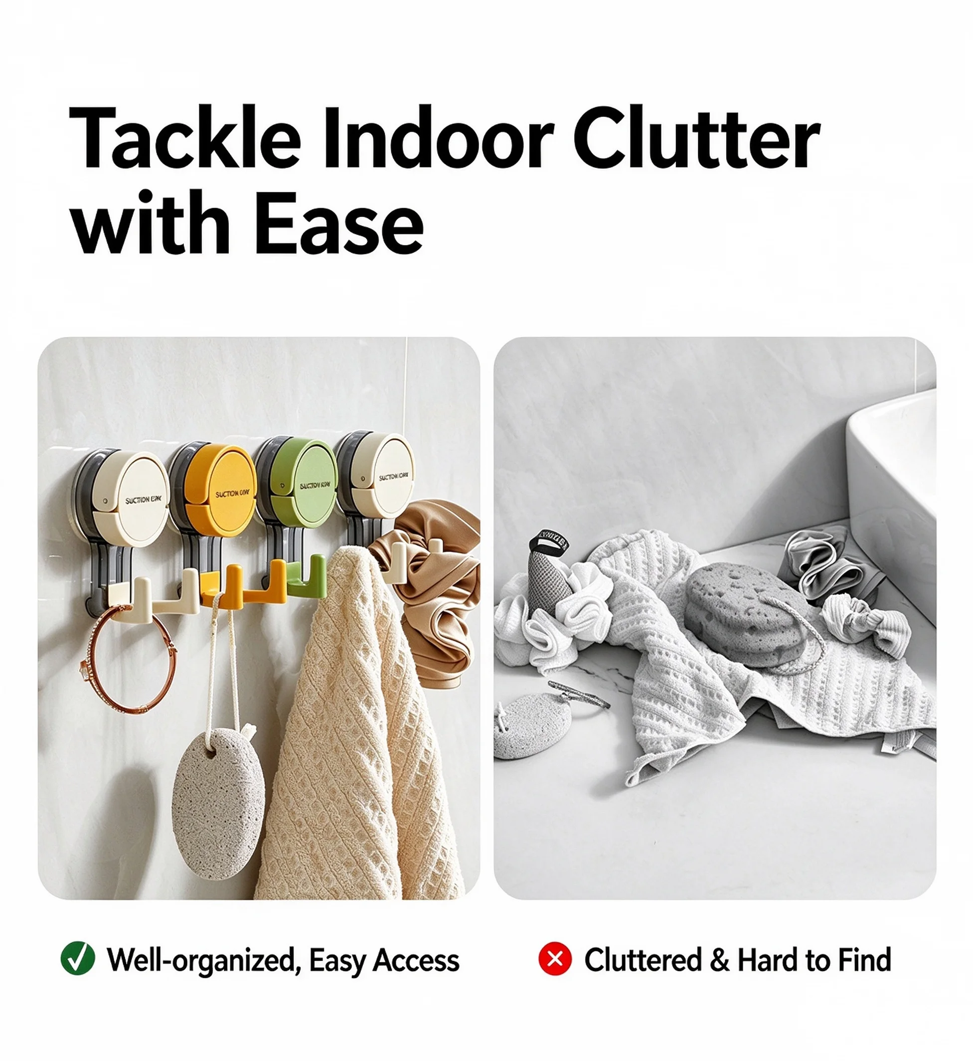 Strong Suction Cup Hooks, No Drill No Trace Removable Hooks, Waterproof Heavy Duty Hangers for Bathroom, Kitchen, Toilet and Doo