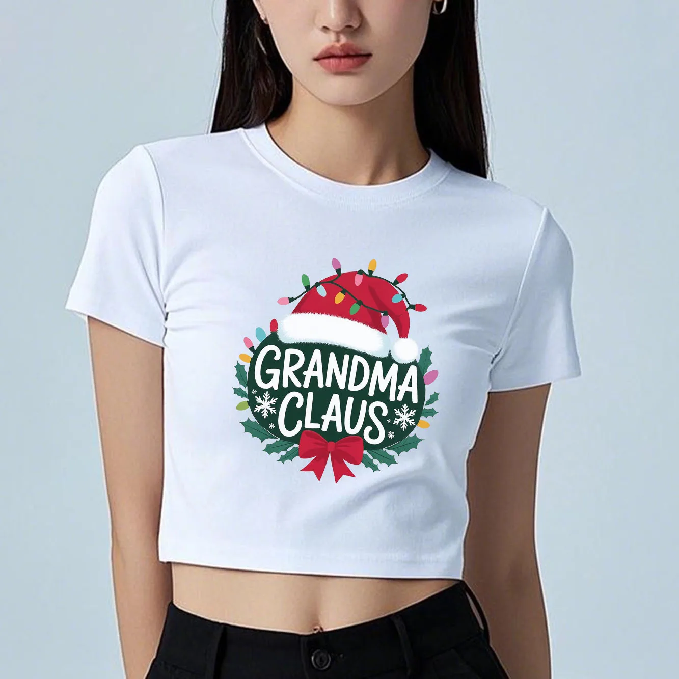 

Merry Christmas Cartoon Printed Short Women's T-shirt Summer Sexy Short Sleeves Round Neck Fashionable Umbilical Dress