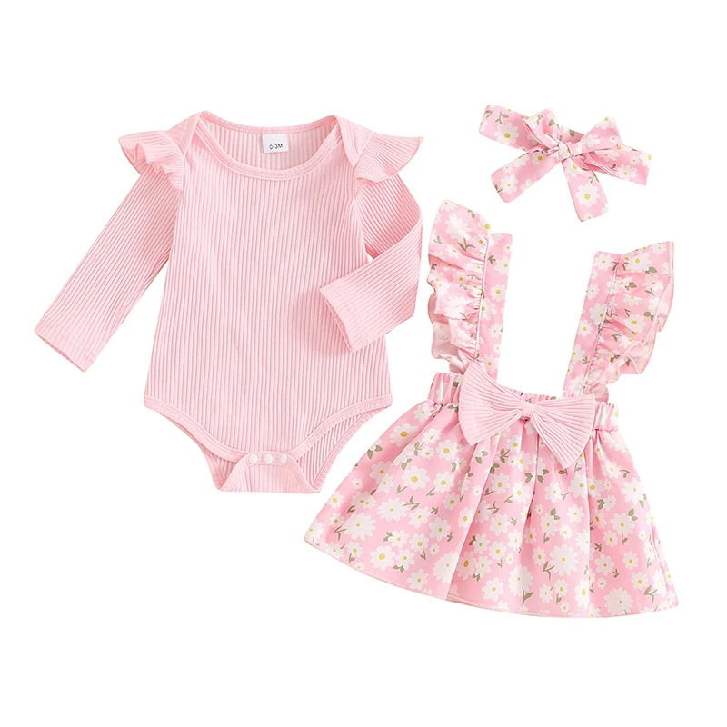 

Baby Girls Skirt Set Long Sleeve Romper Flower Print Suspender Skirt and Headband Fall Outfit