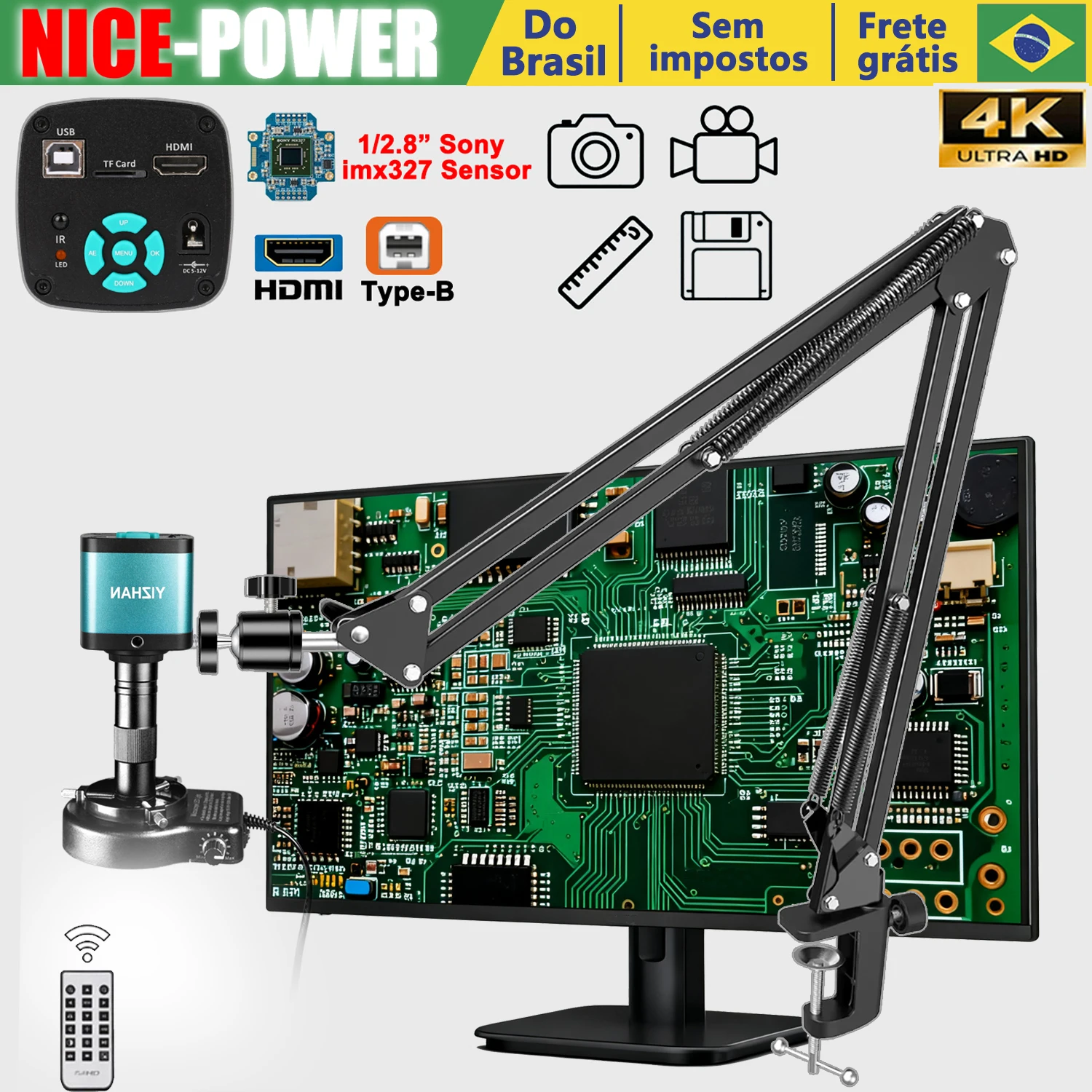 Do Brasil microscópio digital eletrônica Nice-Power 48MP, microscópio de vídeo HD com software, interface USB HDMI, lupa digital electrónica