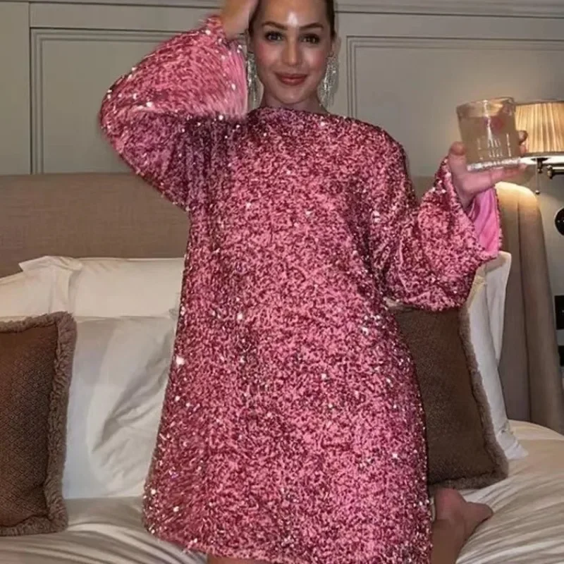 

Korean Fashion Shining Sequin Mini Dress For Women Long Sleeve Bowknot Chic Short Dresses Female Elegant Holiday Evening Party