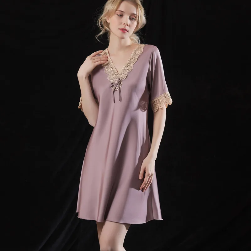 Sexy Spitze V-ausschnitt Nachthemd Frauen Sommer Neue Seidige Satin Hause Kleid Nachthemd Lose Nachtwäsche Intime Dessous Sleep