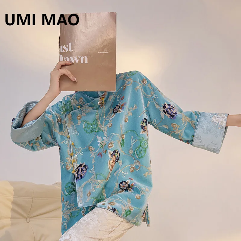

UMI MAO, осенняя новая рубашка в китайском стиле с цветочной вышивкой и пайетками, элегантная атласная блузка в стиле Old Money, топ Femme