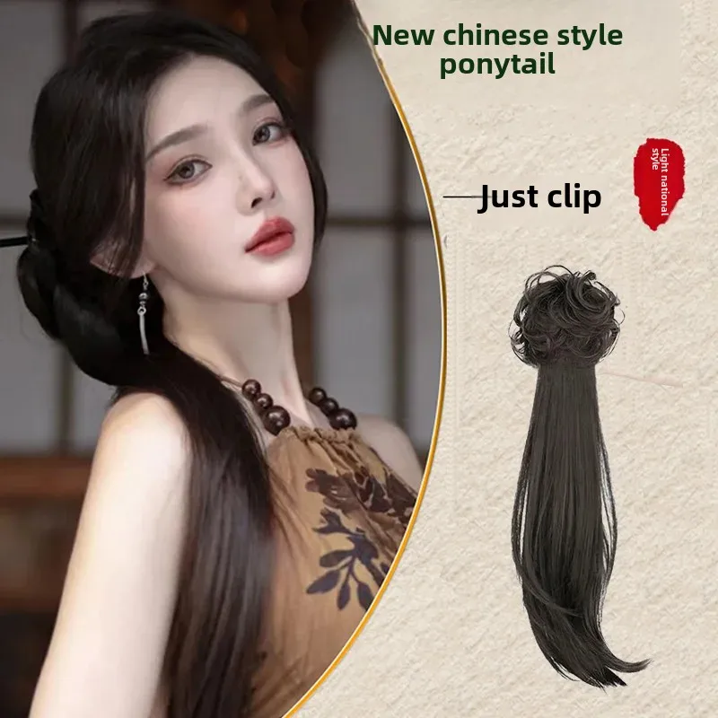 المرأة النمط الصيني مايكرو مجعد شعر مستعار طويل Hanfu المتكاملة الكرة دبوس الشعر الألياف الآسيوية ذيل الحصان شعر مستعار لتصفيف الشعر