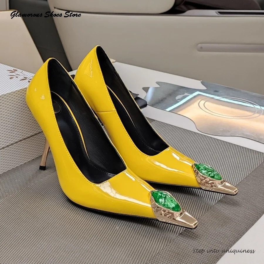 

Gem Embellished Patent Leather Pumps Office Lady Metal Pointed Toe Thin Heels Shoes Women's Wedding Banquet Slip-on Stilettos