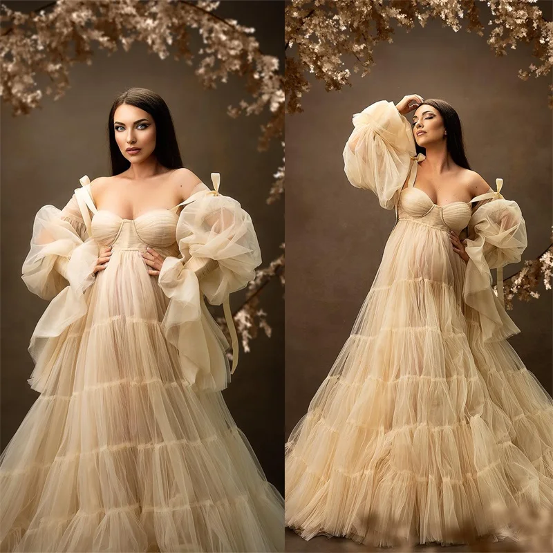 

Beige Maternity Dresses for Photo Shoot Robe Full Sleeve Sweetheart Puffy Tulle Baby Shower Pregnant Custom Made Prom Dress