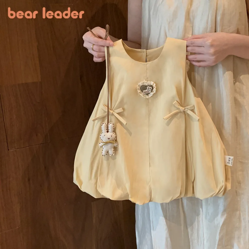 

Bear Leader Korean Version Bow Decoration Princess Dress Yellow Baby Girl Casual Dresses Summer Solid Color Children's Clothing