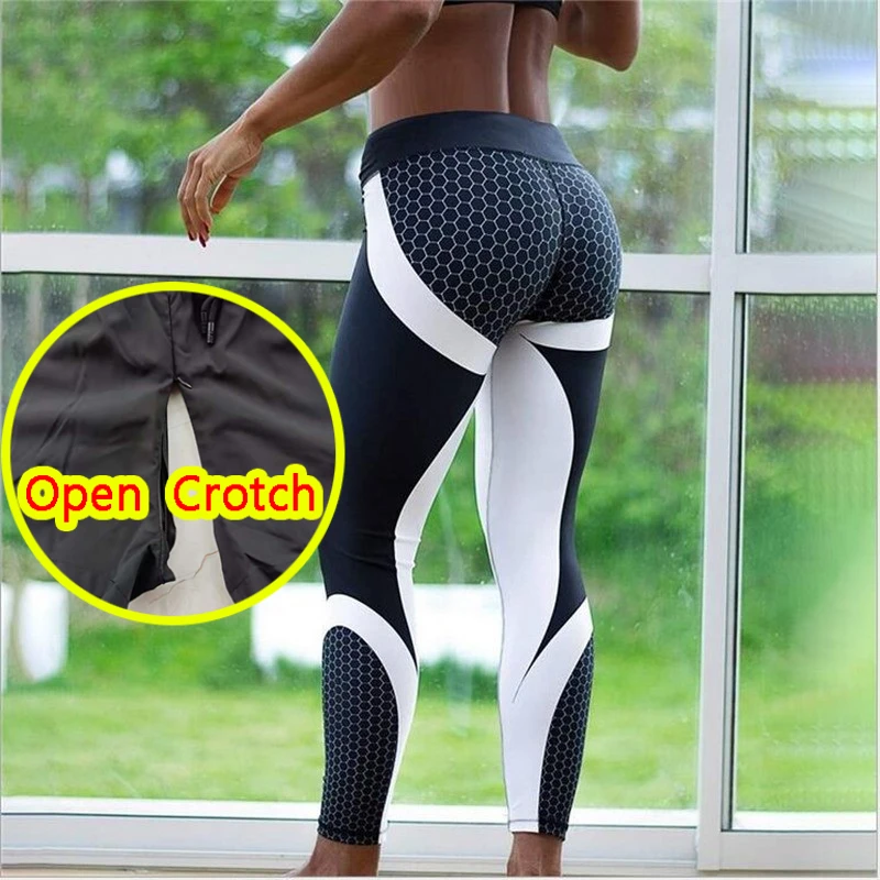 Leggings sexys de entrepierna abierta para mujer, pantalones deportivos eróticos sin entrepierna, malla elástica transpirable, tela estampada para Club, sexo al aire libre