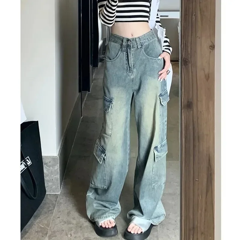 Women Vintage Jeans Wide Leg Pants High Waist Pockets Button Zipper Fly Basics Full Length Streetwear Denim Straight Trousers