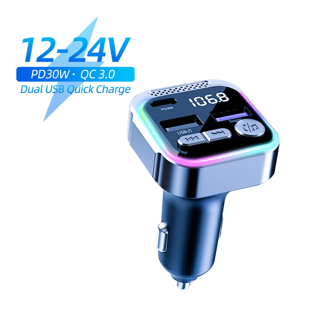 

60W Car PD+QC3.0 Quick Charger FM Transmitter Bluetooth 5.3 Type C Dual USB with RGB Light Wireless Music for Radio MP3 Player