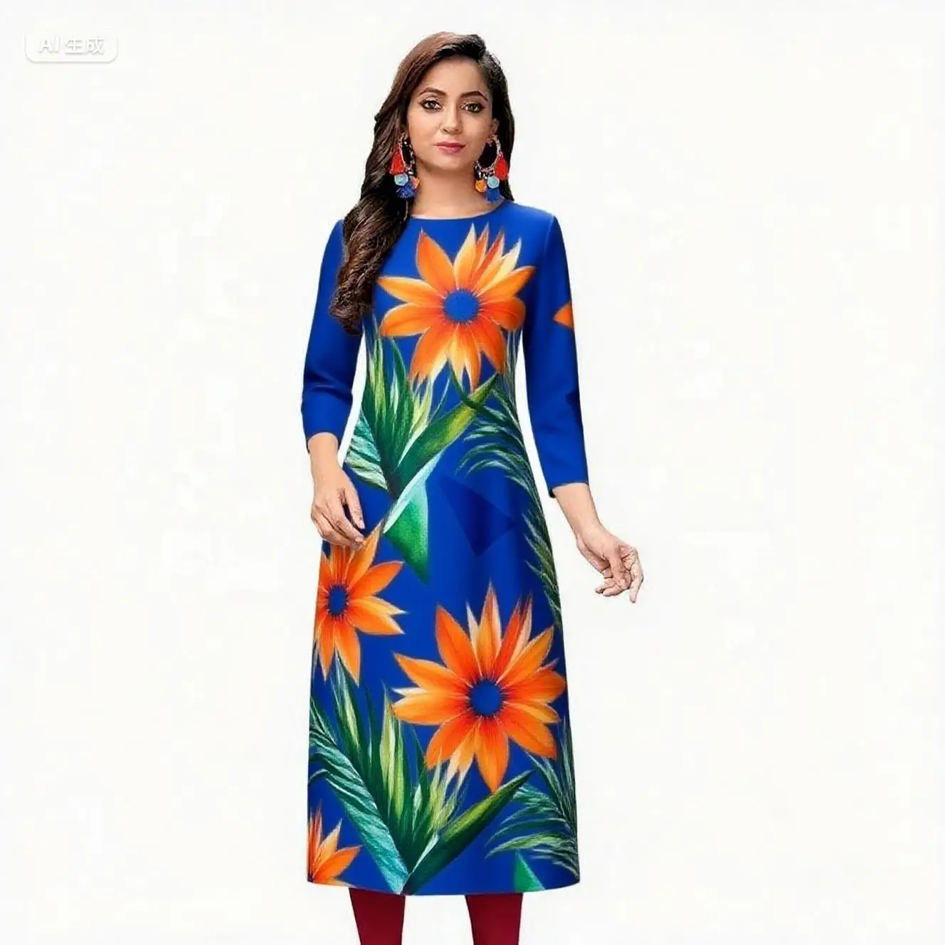 فستان نسائي مسلم كورت عصري ومريح مع أنبوب مستقيم وزهور على الطراز الوطني Musluman Bayan Elbise