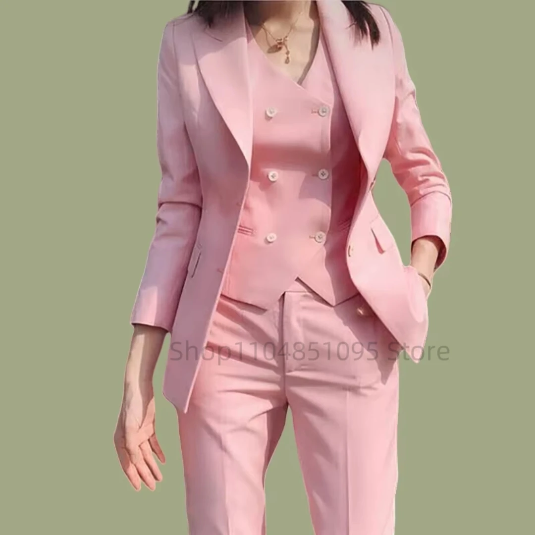 Traje rosa de talla grande para mujer, traje de 3 piezas con un solo pecho, temperamento ajustado, adecuado para trabajo de negocios, conjunto de chaqueta, chaleco con pantalones