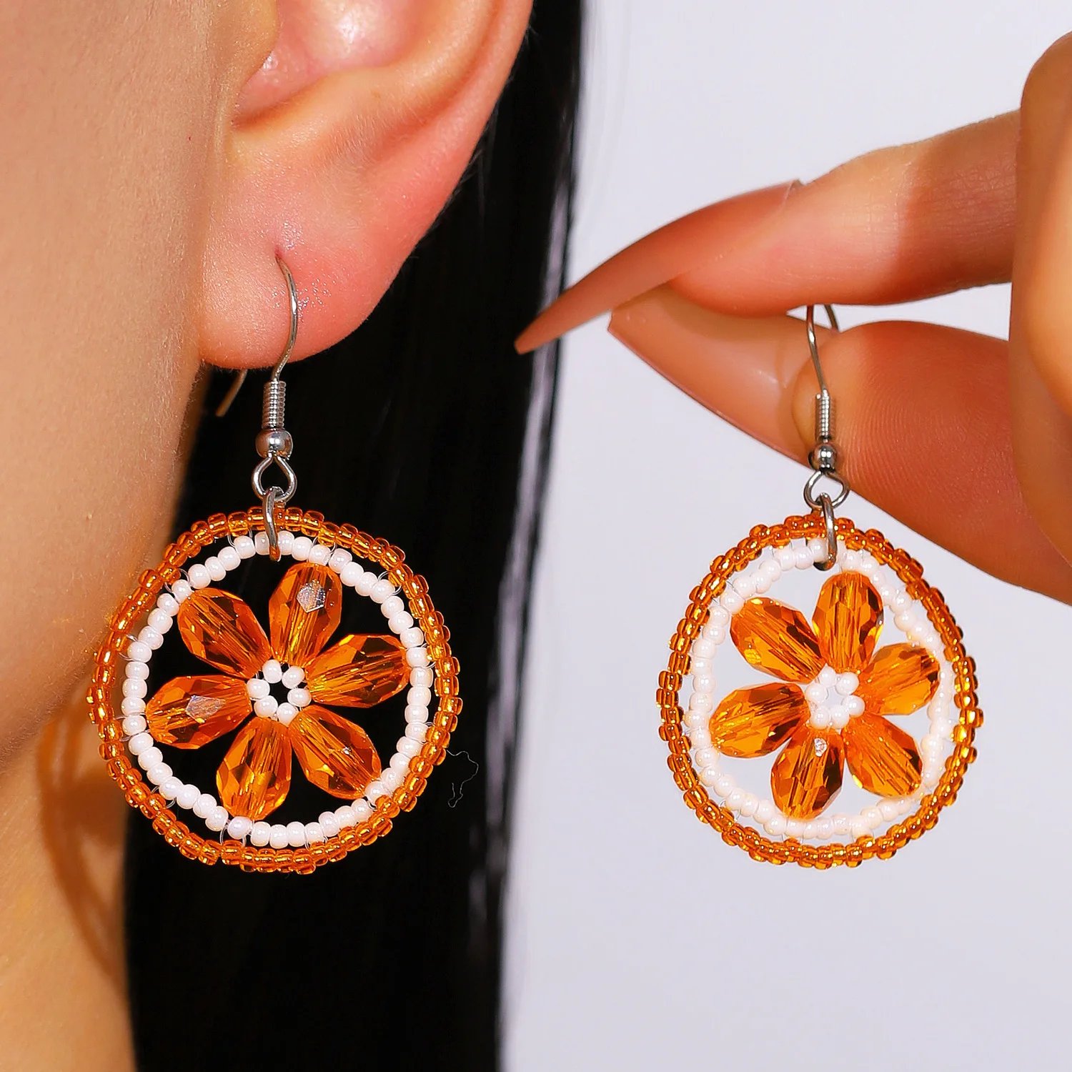 Stylish Beaded Orange Hoop Earrings for Women Girls Sweet Handmade Beads Fruit Dangle Earrings Accessories Jewelry Gifts