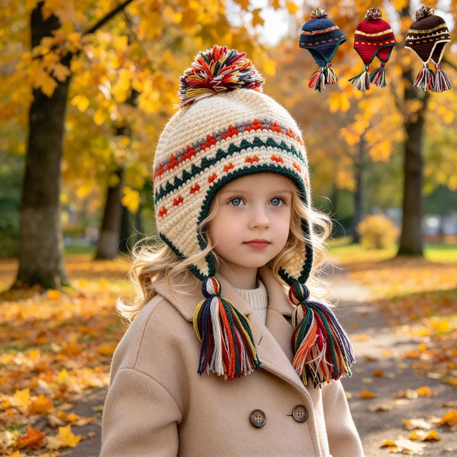Kids Hand Crochet Earflap Hat Colorful Pom Pom Tassel Knitted Beanie for Girls Boys Winter Warm Children Hat