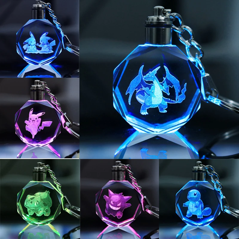 Pokémon Cristal Luminous LED Keychain, Anime Toy, Pikachu, Charmander, Psyduck, Snorlax, Squirtle, Moda Chaveiro, Presentes de Aniversário