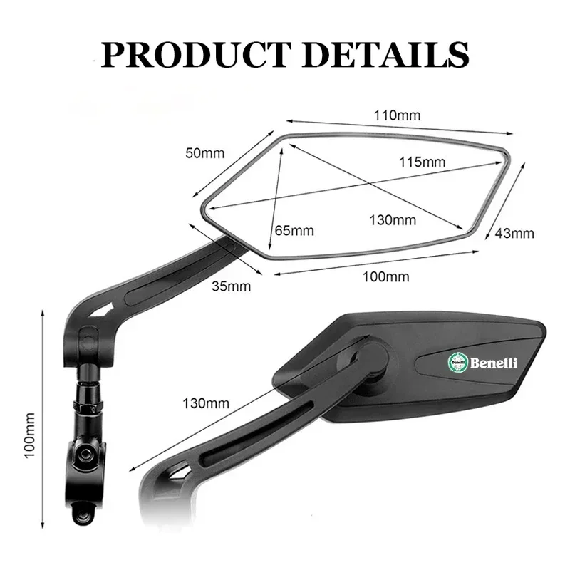 مرآة مقود الدراجة النارية Benelli TRK 502 Leoncino 500 BJ500 250 Leoncino250 قابلة للطي باللون الأسود بزاوية واسعة محدبة للرؤية الخلفية