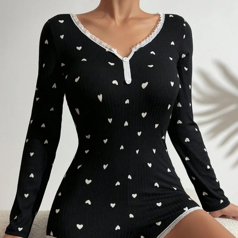 

Women's Pajamas One-piece Long Sleeve Love Printed Loungewear Spring Summer Casual V-neck Sexy Slimming Night Wear for Ladies