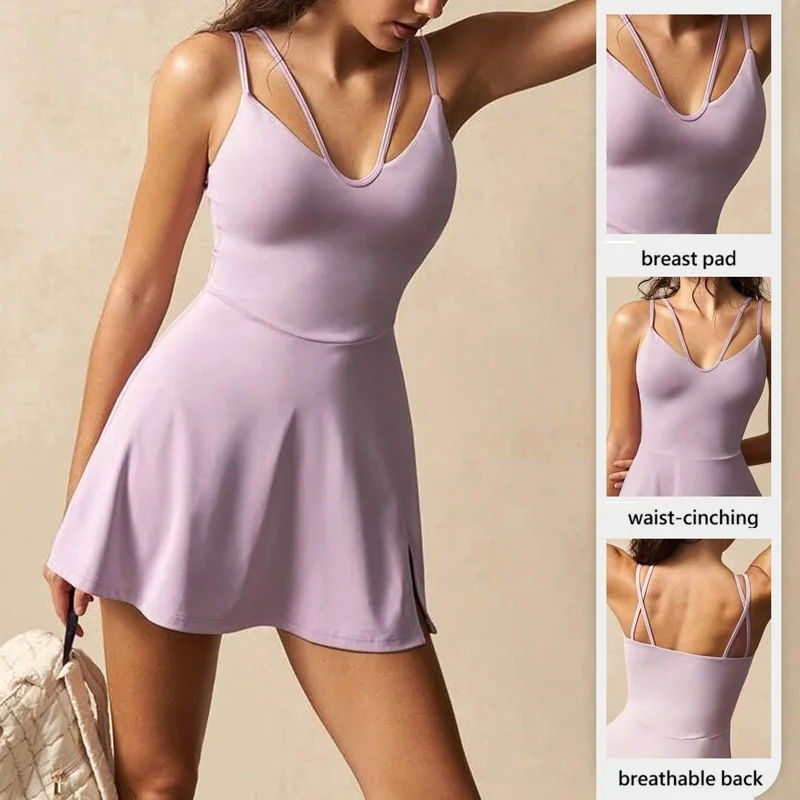 Womens Spaghetti Strap Tennis Dress Backless Sexy Workout Dress Built-in Bra Ladies Quick-dry Sports Skirt with Short