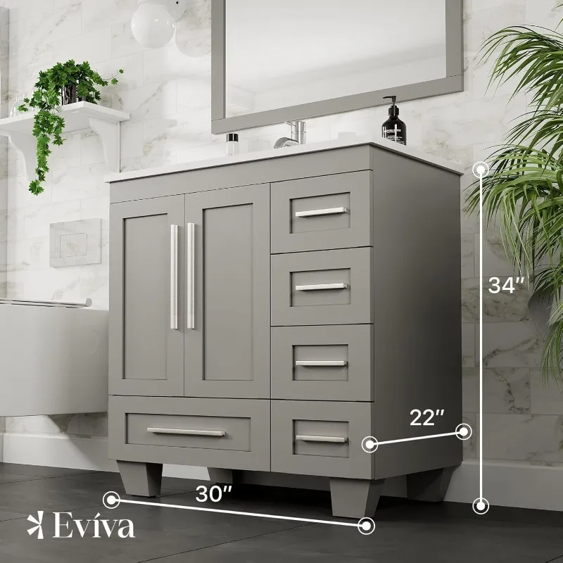 30 Inch Bathroom Vanity Cabinet - Freestanding Bathroom Sink Cabinet with Storage - Modern Bathroom Cabinet with Sink - Gray