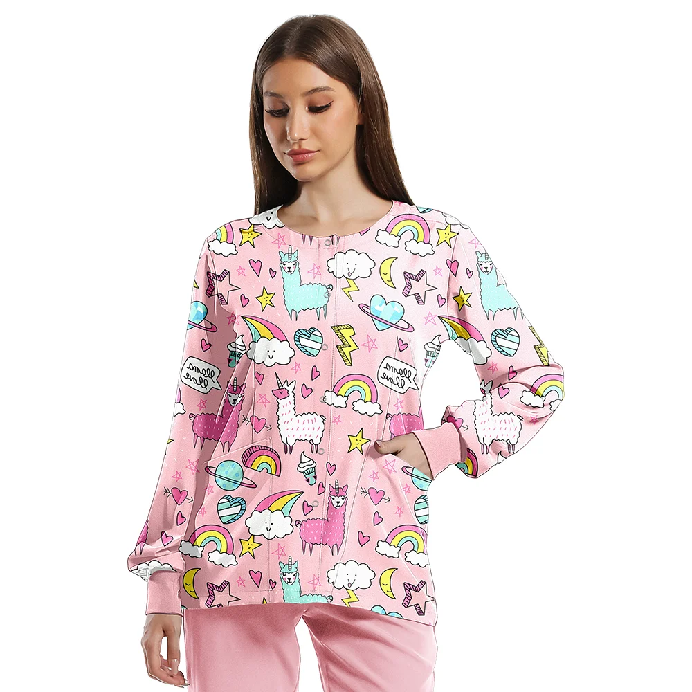 レディースカジュアル医療スクラブジャケットユニフォーム、柔らかく快適なポリエステルスパンデックス、長袖、シングルブレスト、プリント入り歯科医ジャケット