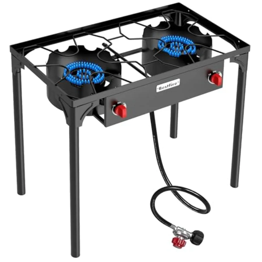 

Двухконфорочная походная плита 150 000 BTU, работающая на пропане высокого давления, с регулируемым шлангом 4 фута 20 PSI и съемными ножками