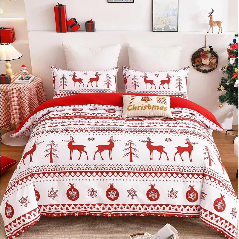 

Christmas duvet cover large 3-piece set with reindeer snowflake pattern decoration bed cover, New Year soft bed cover