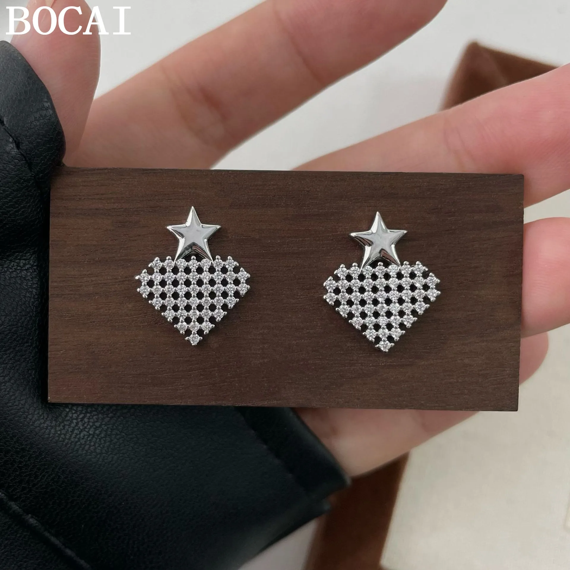 

Серьги BOCAI New S925 из чистого серебра с роскошным дизайном в виде сердца и пятиконечной звезды, с ажурным узором.