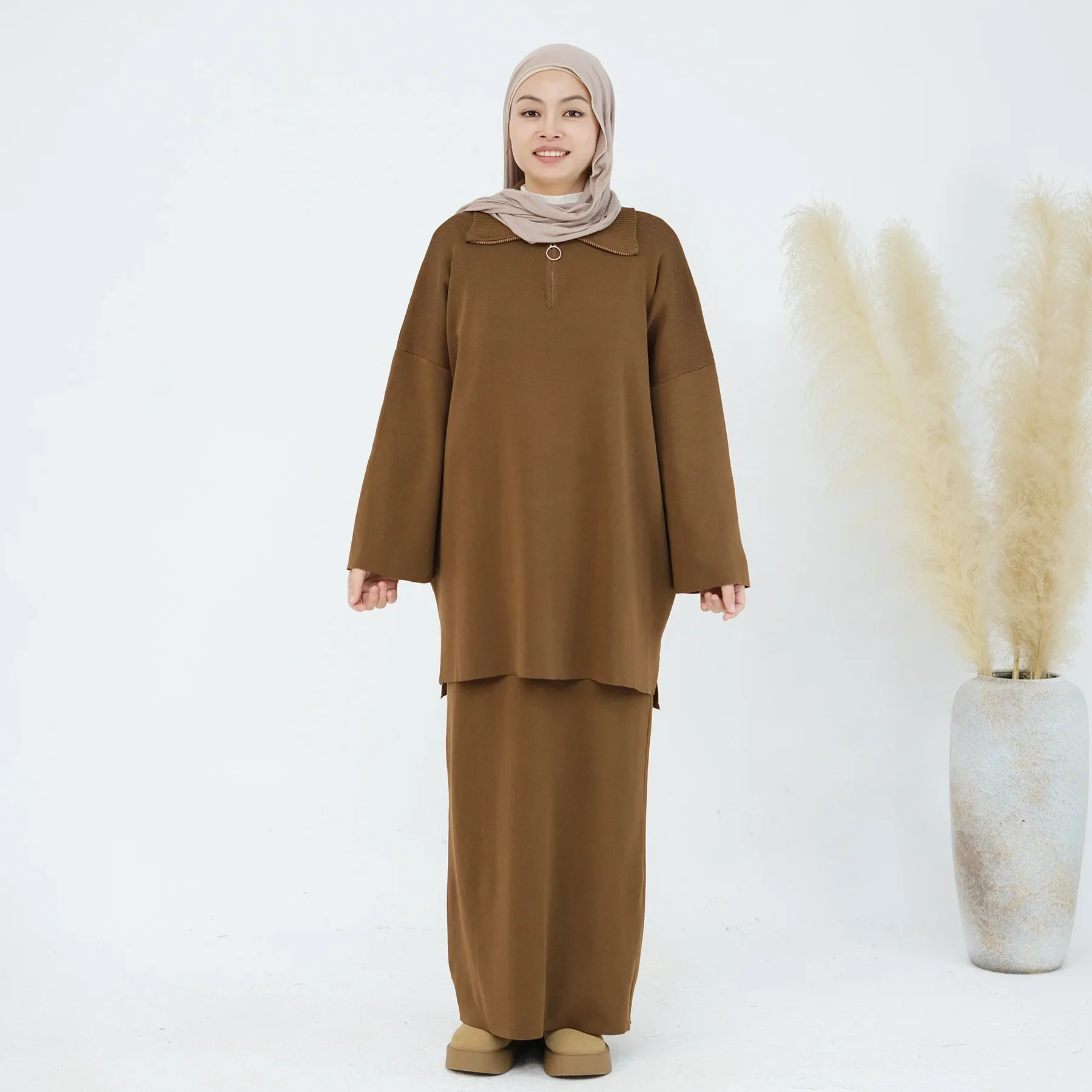 

Autumn Winter Knitted Ouftits Muslim Women Zipper Sweater Skirt Tops Set 2 Piece Dress Dubai Kaftan Abaya Robe Islam Clothing
