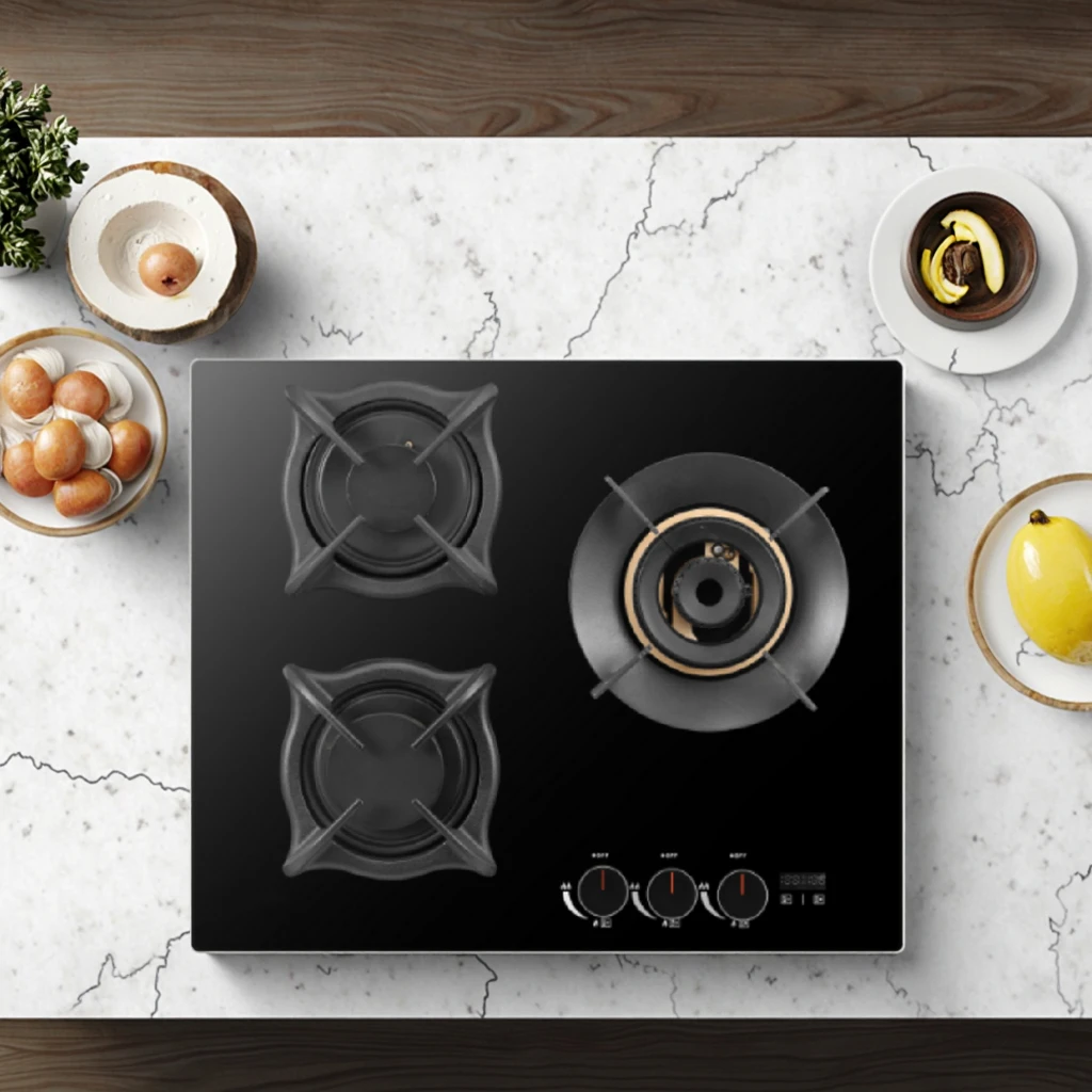 ALK Timing Left Shabaf 2 Heads + Right Upper air Intake Tempered Glass Gas Stove