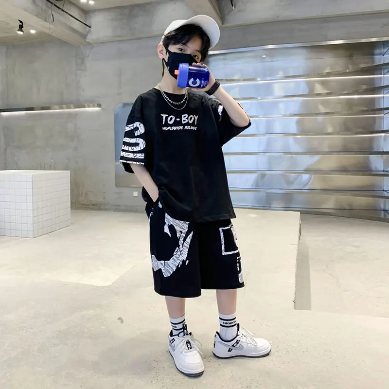 Boys Summer Trendy Casual Sports 2pcs T-shirts+Pants Suits 3-14 Years Teenage Boys Hip Hop Style Fashion Outfits Clothes Sets