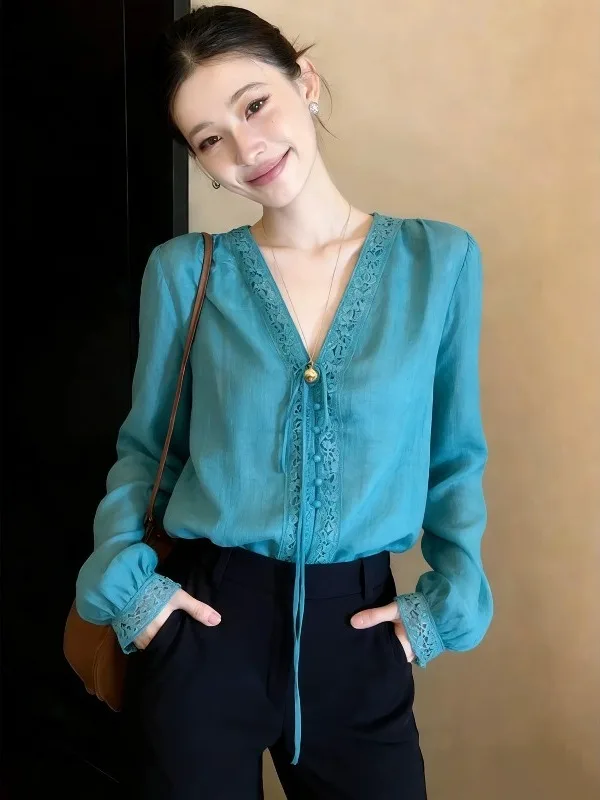 Peacock Blue Lace Hollow out V-Neck Shoulder Shirt Women's Fashion Spring Summer New Style Age-Defying Small Shirt Chiffon Top