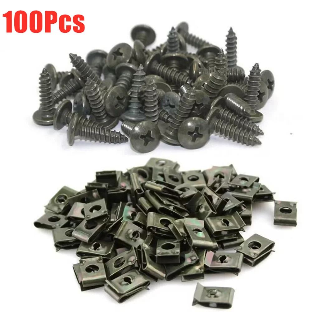 100Pcs Car Screw Base U Clip For Car Bumper Fender Trim Panel Fastener Leaf Board Fastener Grommet Clips Interior Accessories