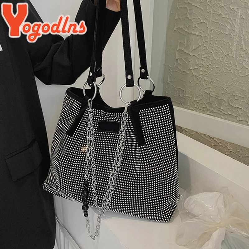 Yogodlns Luxury Rhinestone Bucket Bag For Women Fashion Brands Shouldr Bag Trendy Underarm Bag Shopping Handbag Purse Bolsa