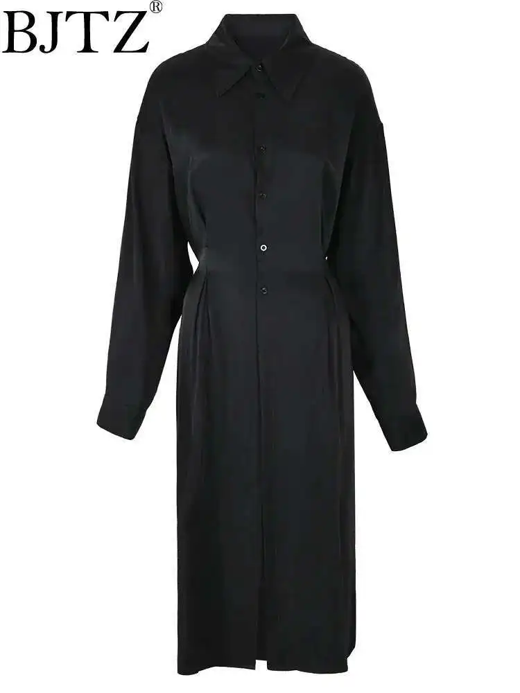 Bjtz preto tamanho grande plissado blusa longa feminina nova lapela manga longa solto ajuste camisa moda maré primavera outono 2025