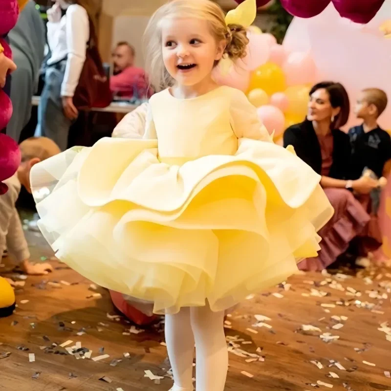 

Puffy Yellow Stain Flower Girl Dress First Communion Wedding Children Knee Length Prom Gown Birthday Party Girls' Clothes