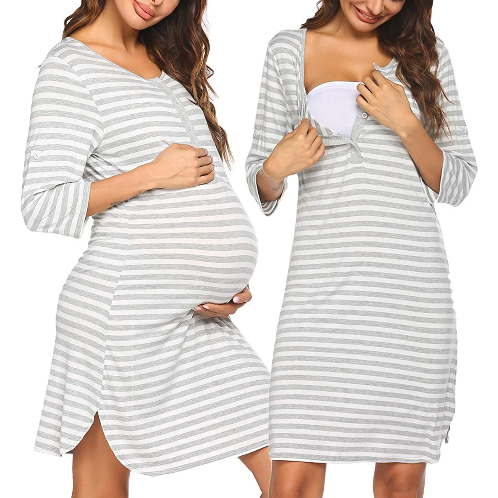 

Dresses Pregnant Woman Stripe Short Sleeve Breast-Feeding Pregnancy Nightwear Clothes Nightgown Maternity Nursing Dress vestidos