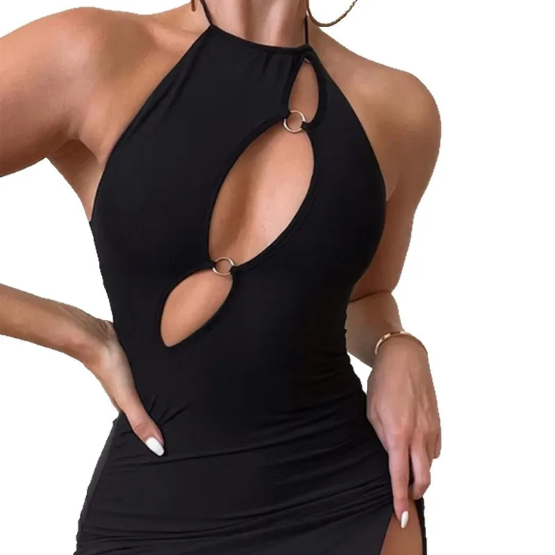

Sexy Front Hollow Out Thigh-high Split Slim Bodycon Dress Women Sleeveless Halter Skinny Evening Dress Club Party Vestidos