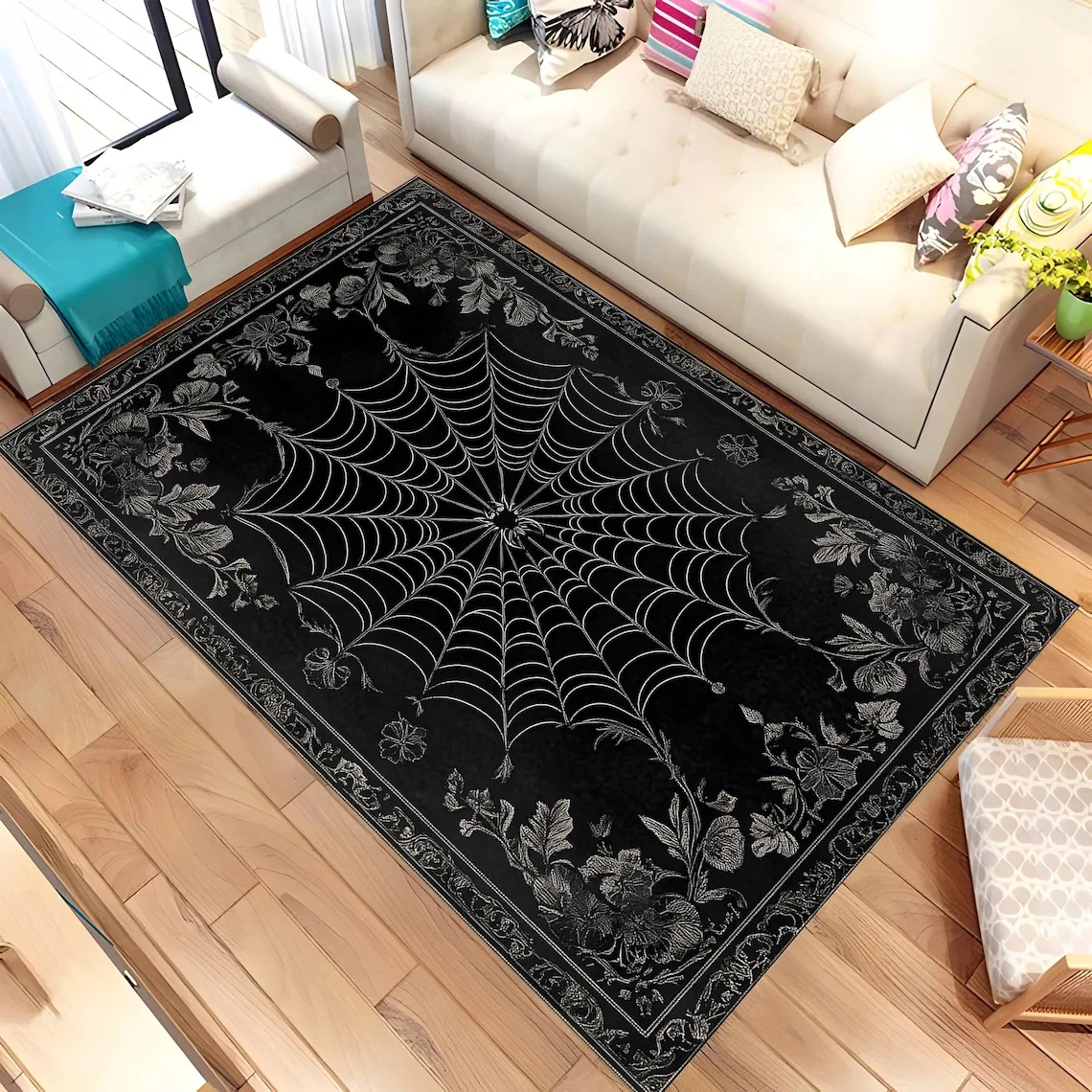 Gothic Red and Black Spiderweb Area Rug, Soft Non-Slip Indoor Outdoor Floor Mat for Bedroom and Living Room Decor