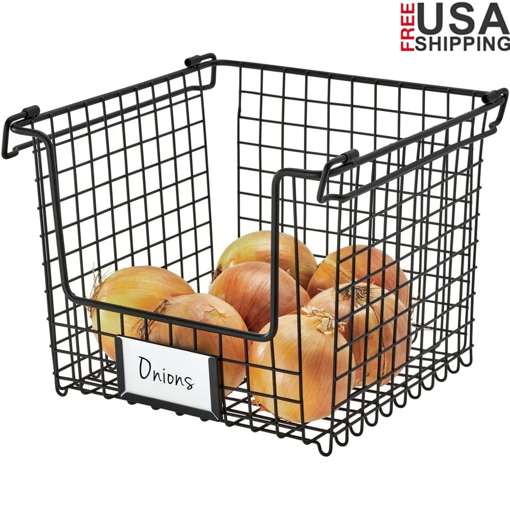 

Stackable Medium Wire Storage Basket with Handles Label Holder Open Design Durable Steel Kitchen Bathroom Organization
