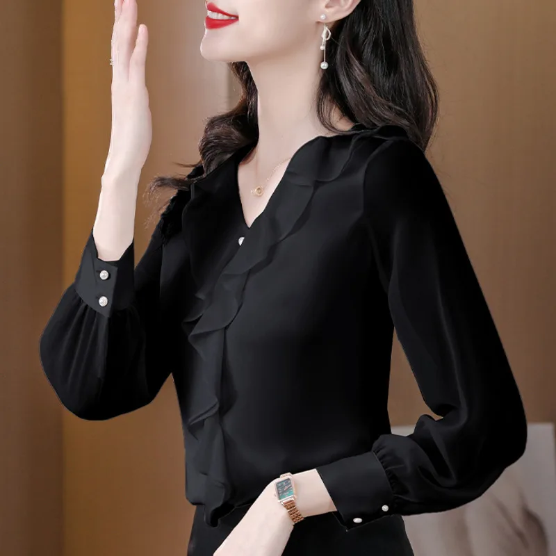 #2535 Summer Black White Office Chiffon Blouse Women Regular Fit Thin Elegant V-neck Ruffles Womens Tops And Blouses Long Sleeve