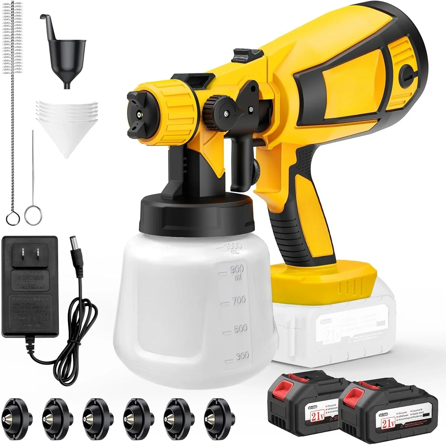

Paint Sprayer, 650W Cordless with 2 X 4.0mAh 21V Battery, 6 Nozzles & 3 Spray Modes, 1000ml Container