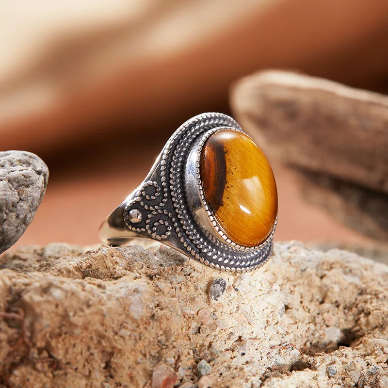 Retro Silver Plated  8*10MM Natural Stone Rings for Women Men Tiger Eye Moonstone Ring Party Gift Luxury Fine Jewelry Nice Look
