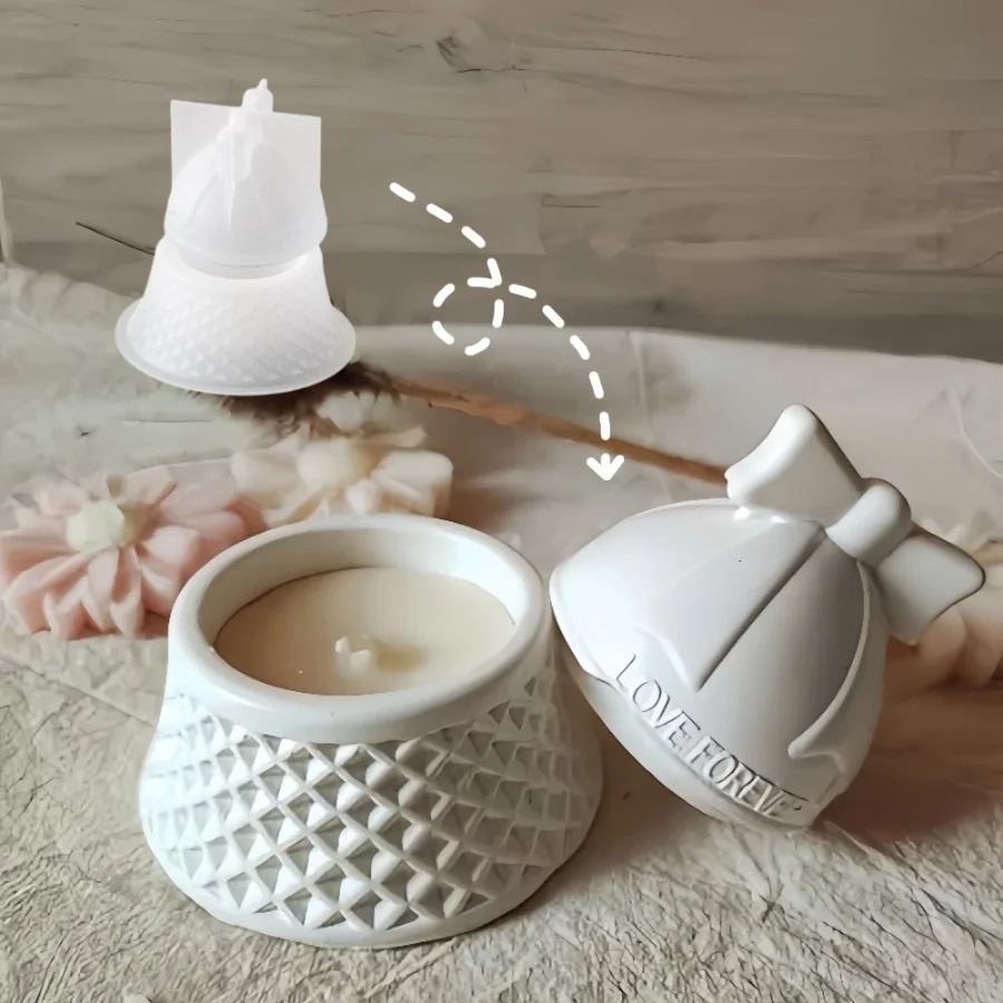 1set Resin Silicone Mold: Christmas Bow Mesh Scented Candle Holder Resin Dripping Mold, 3D Storage Box with Lid Silicone Mold