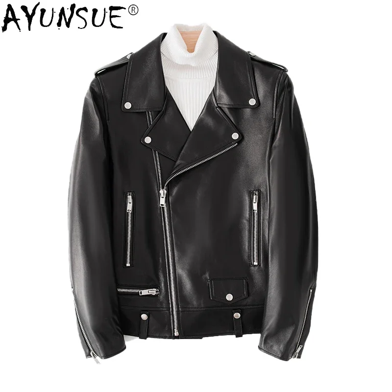 AYUNSUE 2021 Autumn 100% Genuine Sheepskin Leather Jackets Spring Men Fashion Motorcycle Leather Jackets Casaco Masculino Gmm355