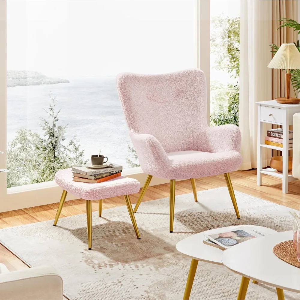 

Accent Chair with Ottoman, Boucle Fabric Armchair Footstool, Modern and Cozy Vanity Chair with Golden Legs for Living Room