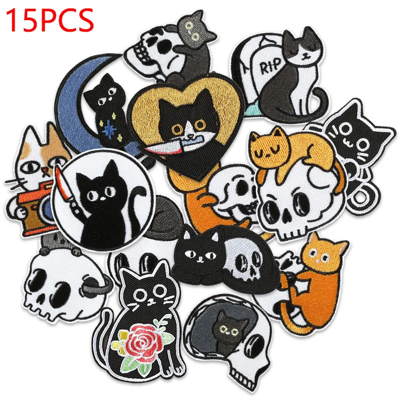 15pcs Embroidered Patches For Clothing Iron On Jackets Cats Skull Lot Animal Halloween Bulk Boys Wholesale Termoadhesivos Band