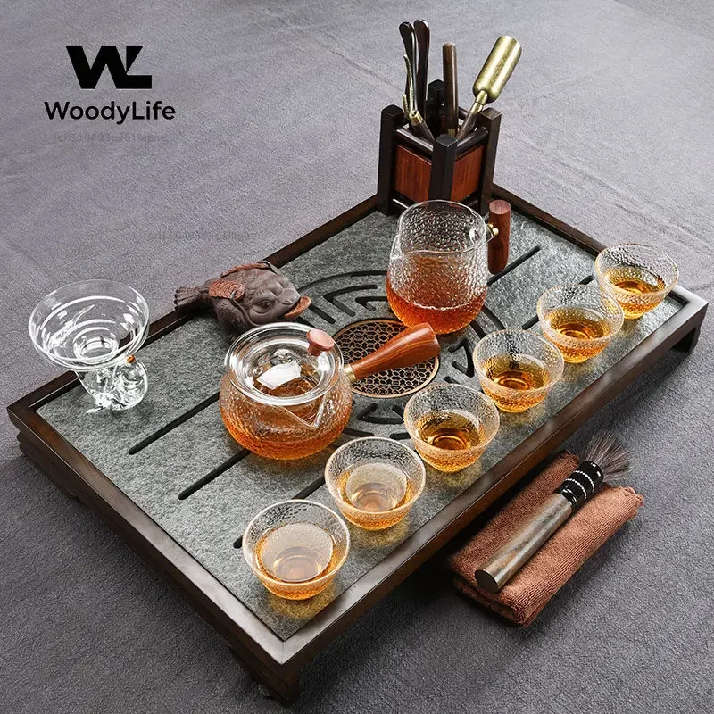 Black Luxury Tea Tray Valet Office Chinese Kitchen Rectangle Stone Tableware Tea Tray Living Room Bandejas Home Decorationgs