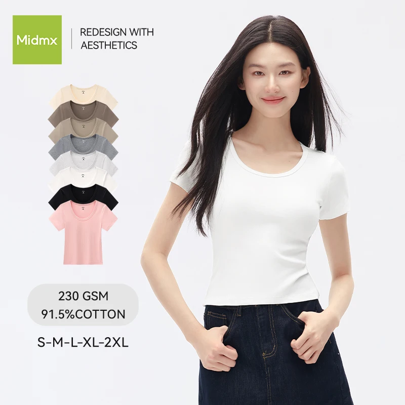 Women's Lycra Cotton Large Round Neck Slim Fit Short-Sleeved 2026 Summer New Style Multi-Color T-Shirt