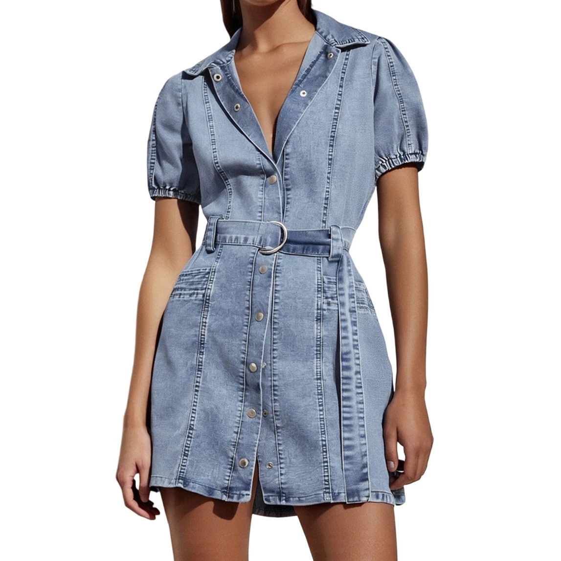 Frauen Denim Kleid Einfarbig Drehen Unten Kragen Taste Unten Kurzarm Jeans Kleid Sommer Casual Mini Kleid mit Gürtel