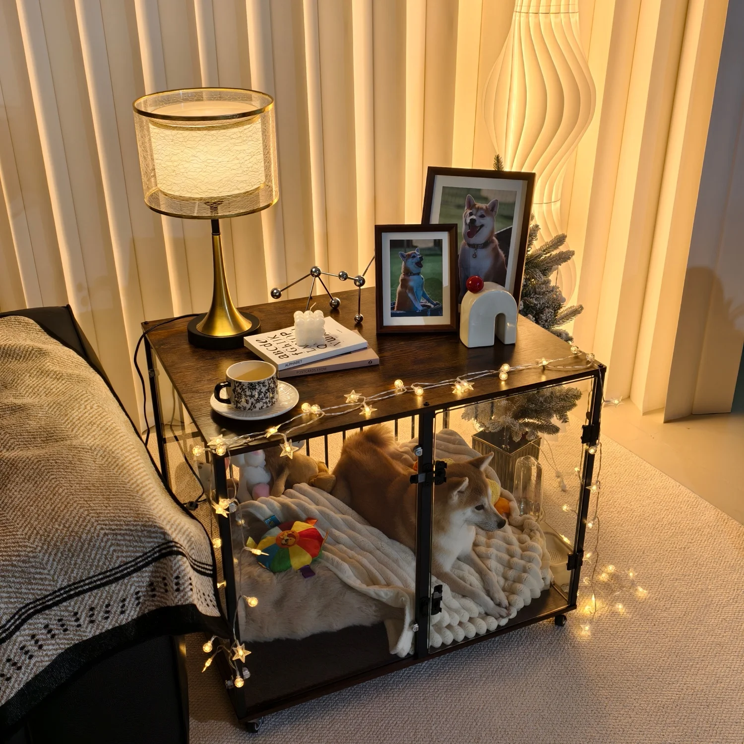 

Мебельный стиль, клетка из закаленного стекла для собак, питомник для домашних животных, торцевой столик, вращающиеся колеса, вентилируемые стержни, для маленьких и средних собак